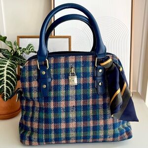 Classic Blue and Brown Plaid Satchel with Versatile Design with scarf detail